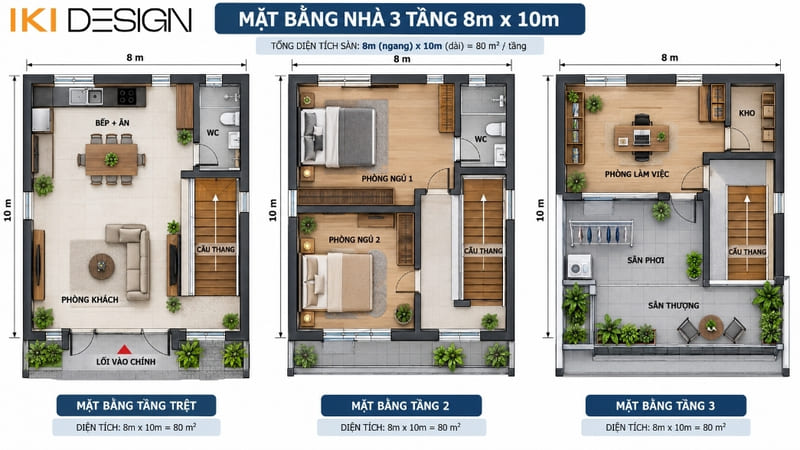 Bản vẽ mặt bằng nhà 3 tầng 8x10m
