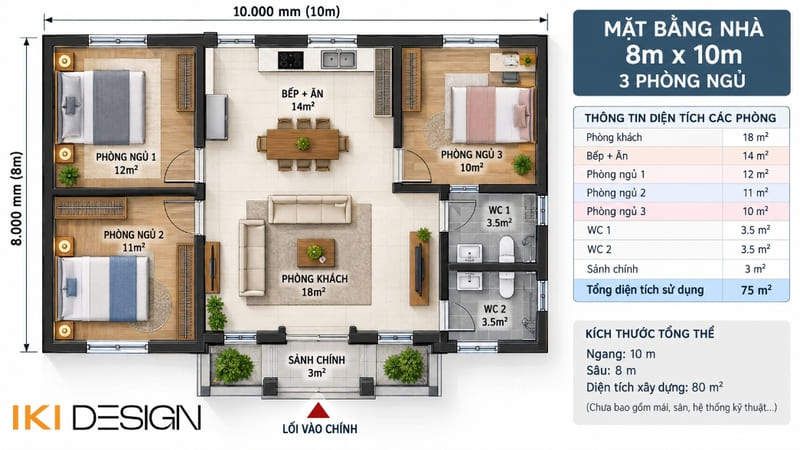 Bản vẽ mặt bằng nhà 8x10m 3 phòng ngủ