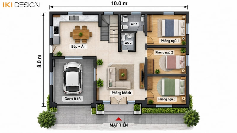Bảng vẽ mặt bằng nhà 8x10m có gara ô tô