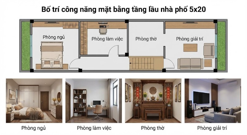 Bố trí công năng mặt bằng tầng lầu nhà phố 5x20