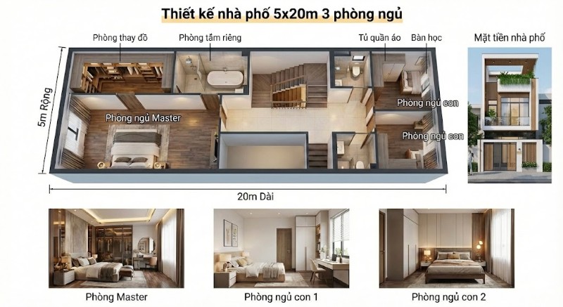 Mẫu thiết kế nhà phố 5x20 hiện đại 3 phòng ngủ