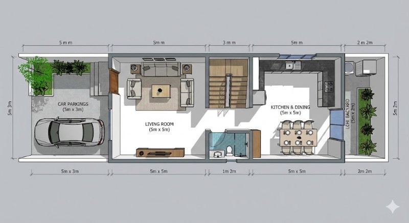Bố trí công năng mặt bằng tầng trệt nhà phố 5x20