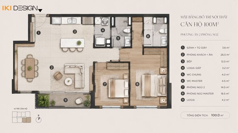 Mặt bằng bố trí nội thất chung cư 100m2 2 phòng ngủ
