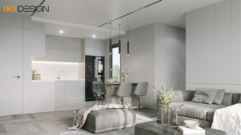 Phòng khách + bếp căn hộ CT2 VCN do IKI Design thiết kế và thi công 