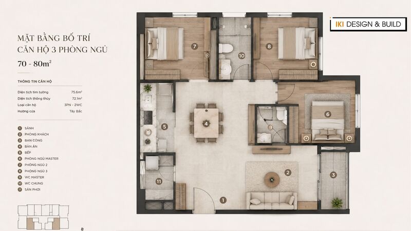 Mặt bằng bố trí căn hộ 70-80m² 3 phòng ngủ