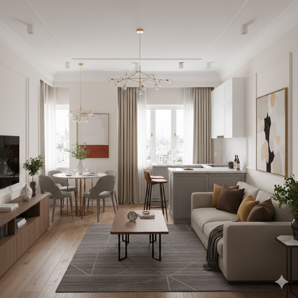 Mẫu thiết kế nội thất chung cư 45m2 phong cách chuyển tiếp