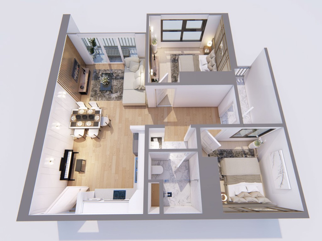 Thiết kế nội thất căn hộ 45m2 2 phòng ngủ