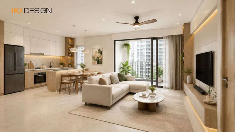 Tổng thể phòng khách liền bếp chung cư 70m2