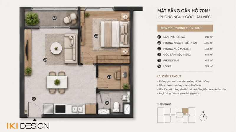 Mặt bằng căn hộ 70m² với 1 phòng ngủ