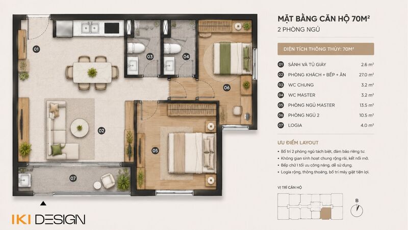 Mặt bằng căn hộ 70m² với 2 phòng ngủ