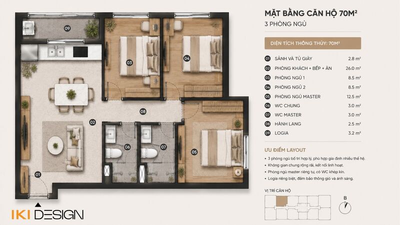 Mặt bằng căn hộ 70m² với 3 phòng ngủ