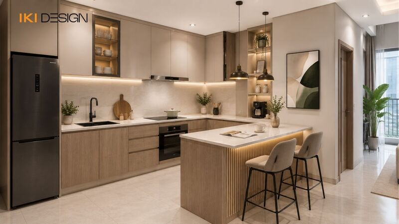 Phòng bếp chữ L kết hợp quầy bar ăn sáng trong căn hộ 70m²