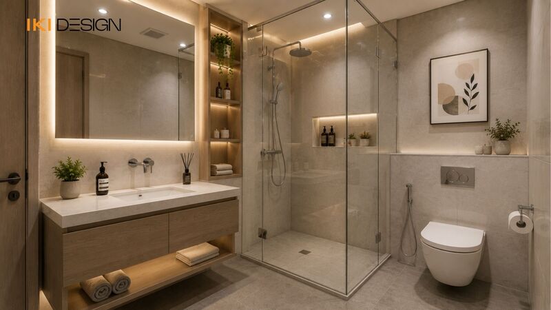 Phòng tắm kính với thiết bị treo tường trong căn hộ 70m²