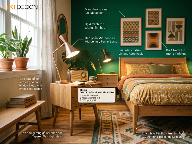 Tường nhấn xanh lục bảo cùng đèn phễu cổ điển giúp Quý khách sở hữu không gian nghỉ ngơi đậm chất Retro Tường nhấn xanh lục bảo cùng đèn phễu cổ điển giúp Quý khách sở hữu không gian nghỉ ngơi đậm chất Retro