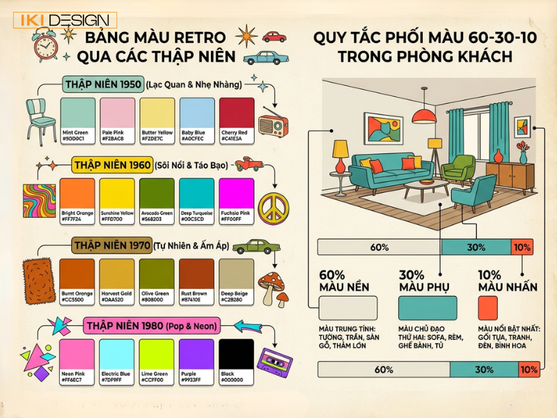 Áp dụng quy tắc 60-30-10 để cân bằng các bảng màu Retro rực rỡ qua từng thập niên Áp dụng quy tắc 60-30-10 để cân bằng các bảng màu Retro rực rỡ qua từng thập niên