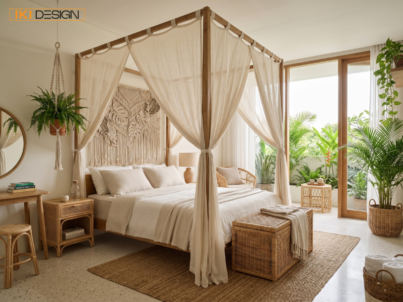 Phòng ngủ Tropical sử dụng rèm vải lanh và nội thất mây tre, mang đến không gian nghỉ ngơi thư thái, yên bình Phòng ngủ Tropical sử dụng rèm vải lanh và nội thất mây tre, mang đến không gian nghỉ ngơi thư thái, yên bình