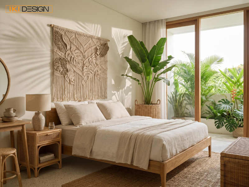 Phòng ngủ Tropical mang vẻ đẹp mộc mạc từ nội thất mây tre, tranh macrame và hệ thực vật xanh mát cạnh cửa sổ Phòng ngủ Tropical mang vẻ đẹp mộc mạc từ nội thất mây tre, tranh macrame và hệ thực vật xanh mát cạnh cửa sổ