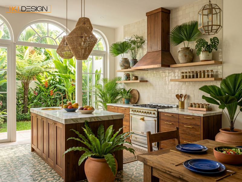 Gian bếp Tropical kết hợp gỗ và cây xanh, mang đến không gian nấu nướng mộc mạc, gần gũi thiên nhiên Gian bếp Tropical kết hợp gỗ và cây xanh, mang đến không gian nấu nướng mộc mạc, gần gũi thiên nhiên