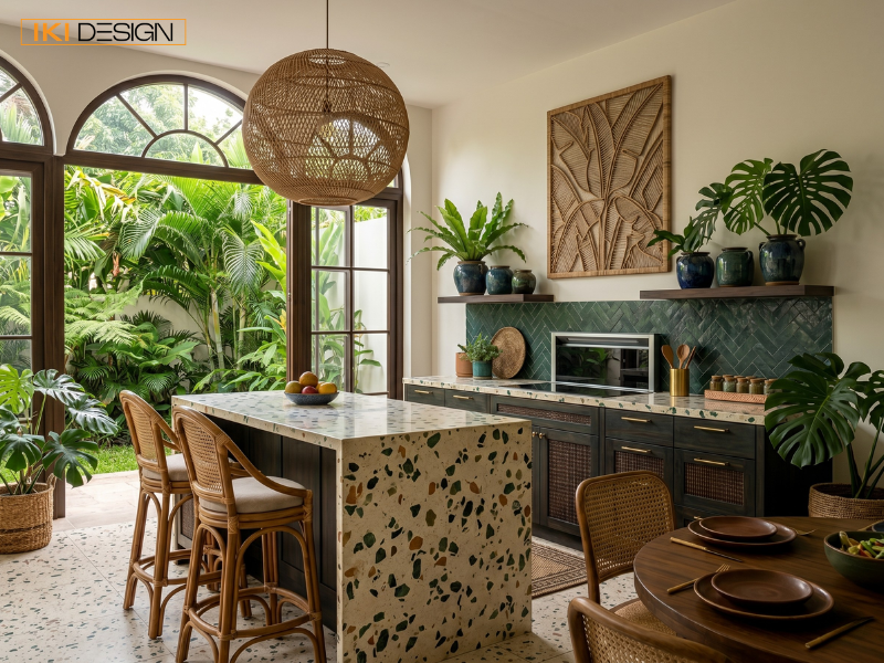 Căn bếp Tropical sang trọng của IKI DESIGN, nổi bật với đảo Terrazzo, ghế mây và khu vườn nhiệt đới xanh tươi bên ngoài Căn bếp Tropical sang trọng của IKI DESIGN, nổi bật với đảo Terrazzo, ghế mây và khu vườn nhiệt đới xanh tươi bên ngoài