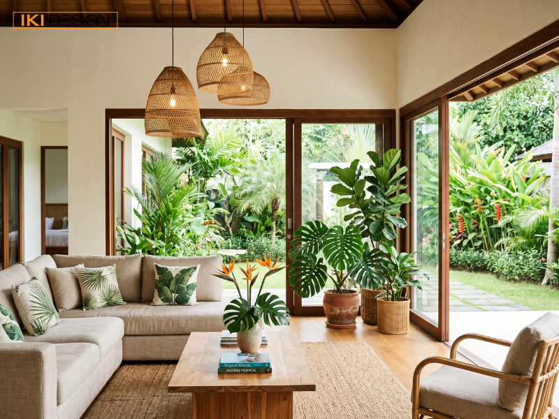 Thiết kế phòng khách Tropical chú trọng điểm nhấn cây xanh và nội thất tự nhiên để tạo không gian thư giãn Thiết kế phòng khách Tropical chú trọng điểm nhấn cây xanh và nội thất tự nhiên để tạo không gian thư giãn