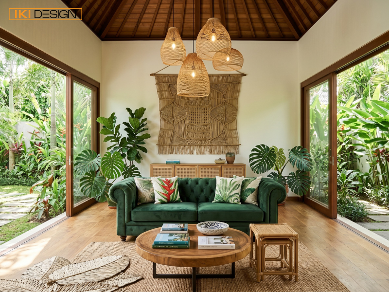 Phòng khách Tropical nổi bật với sofa xanh lá, vật liệu mây tre và không gian mở kết nối trọn vẹn với thiên nhiên Phòng khách Tropical nổi bật với sofa xanh lá, vật liệu mây tre và không gian mở kết nối trọn vẹn với thiên nhiên