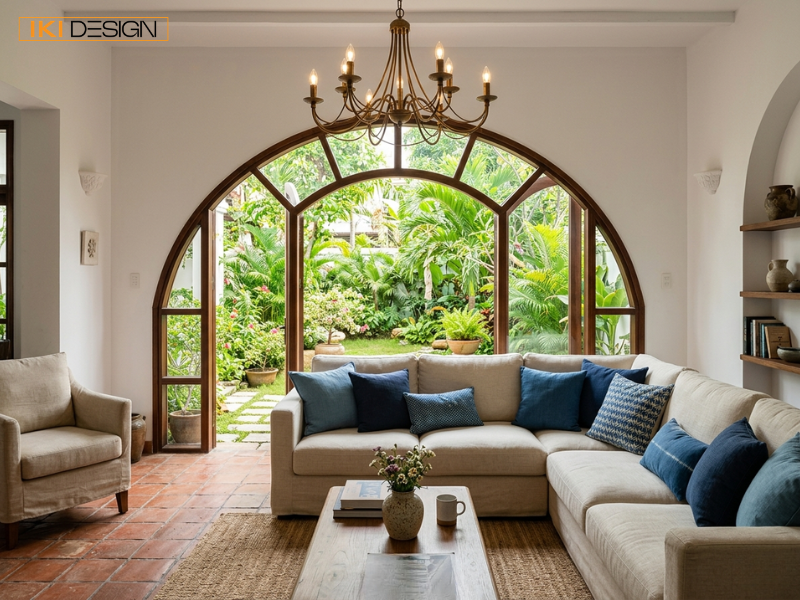 Hệ cửa vòm cùng sắc xanh biển giúp bạn sở hữu không gian Địa Trung Hải phóng khoáng, thư thái