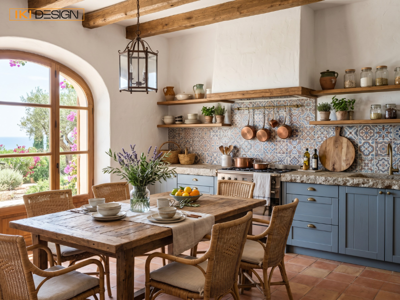 Gạch Mosaic và dầm gỗ thô giúp Quý khách kiến tạo gian bếp Địa Trung Hải mộc mạc, đầy tinh tế