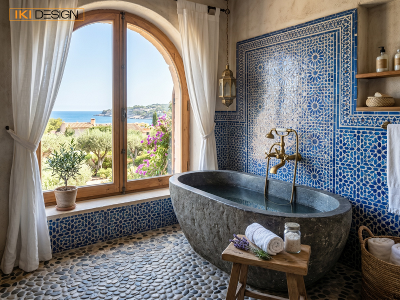 Bồn tắm đá và gạch mosaic xanh giúp bạn tận hưởng không gian thư giãn đậm chất Spa Địa Trung Hải