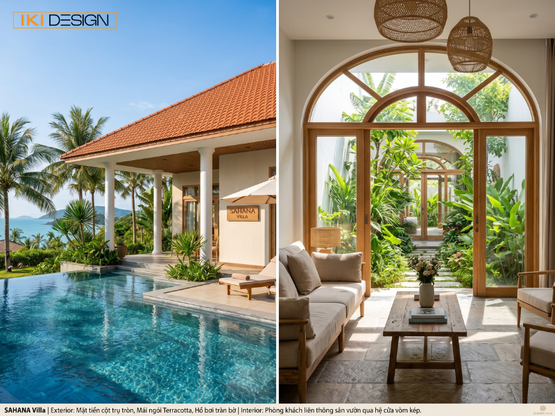Hệ cửa vòm và mái ngói đất nung giúp bạn tận hưởng không gian nghỉ dưỡng SAHANA Villa đầy phóng khoáng