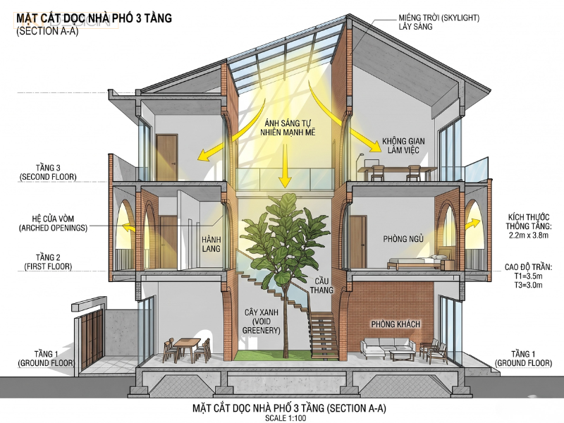 Hệ giếng trời và cửa vòm giúp bạn tối ưu ánh sáng, gió trời cho nhà phố luôn thông thoáng