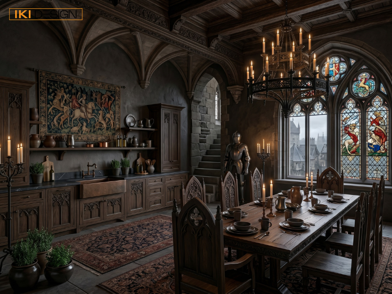 Phòng ăn Gothic lộng lẫy với bàn gỗ dài, đèn chùm nến, tranh thảm và hệ cửa sổ kính màu tinh xảo Phòng ăn Gothic lộng lẫy với bàn gỗ dài, đèn chùm nến, tranh thảm và hệ cửa sổ kính màu tinh xảo