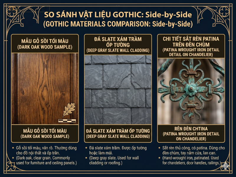 Gỗ sồi, đá tự nhiên và kim loại tối màu là vật liệu chủ đạo tạo nên vẻ đẹp huyền bí cho Gothic Gỗ sồi, đá tự nhiên và kim loại tối màu là vật liệu chủ đạo tạo nên vẻ đẹp huyền bí cho Gothic