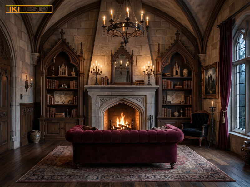 Phòng khách Gothic có tường đá, lò sưởi, tủ sách vòm nhọn và sofa nhung đỏ dưới ánh đèn chùm Phòng khách Gothic có tường đá, lò sưởi, tủ sách vòm nhọn và sofa nhung đỏ dưới ánh đèn chùm