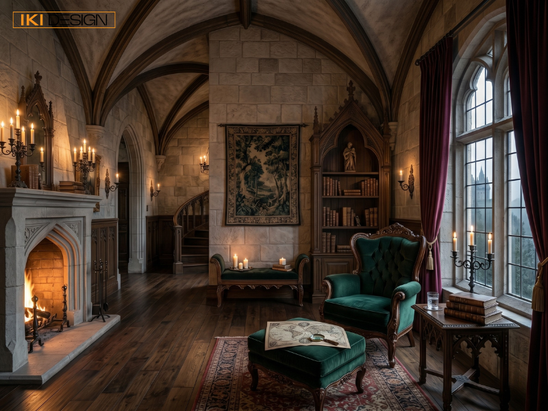 Góc phòng khách Gothic với tủ sách vòm, thảm treo tường, ghế nhung xanh và lò sưởi đá ấm cúng Góc phòng khách Gothic với tủ sách vòm, thảm treo tường, ghế nhung xanh và lò sưởi đá ấm cúng
