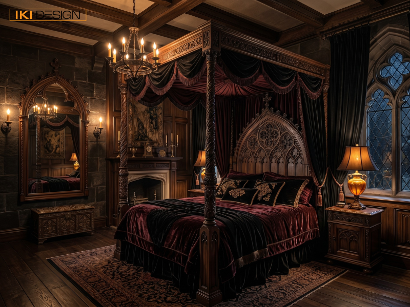 Phòng ngủ Gothic lộng lẫy với giường bốn cọc nhung đỏ, đầu giường chạm khắc, đèn chùm nến, lò sưởi và cửa sổ vòm nhọn Phòng ngủ Gothic lộng lẫy với giường bốn cọc nhung đỏ, đầu giường chạm khắc, đèn chùm nến, lò sưởi và cửa sổ vòm nhọn
