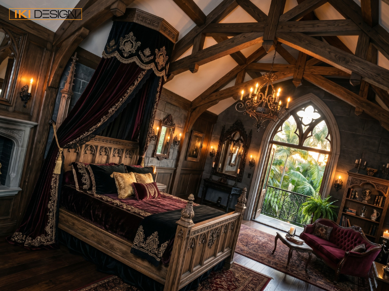 Phòng ngủ Gothic có trần dầm gỗ, giường màn nhung và cửa vòm lớn nhìn ra sân vườn xanh mát Phòng ngủ Gothic có trần dầm gỗ, giường màn nhung và cửa vòm lớn nhìn ra sân vườn xanh mát