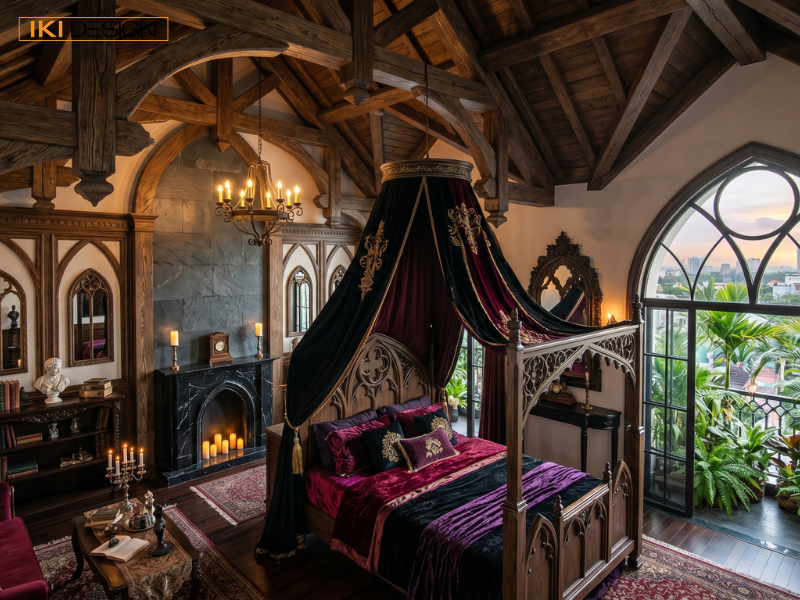 Phòng ngủ Gothic lộng lẫy với giường màn nhung, trần dầm gỗ, lò sưởi đá, và cửa sổ vòm hướng ra ban công cây xanh Phòng ngủ Gothic lộng lẫy với giường màn nhung, trần dầm gỗ, lò sưởi đá, và cửa sổ vòm hướng ra ban công cây xanh