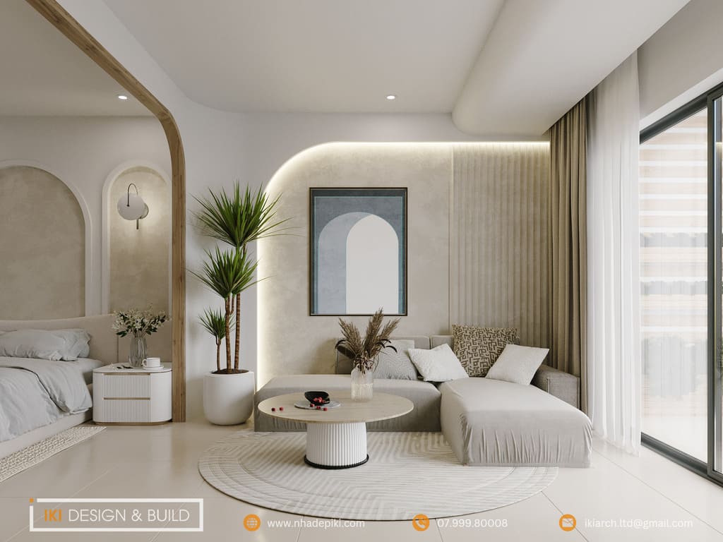 Ưu tiên giường thấp (Platform bed) và bảng màu trung tính