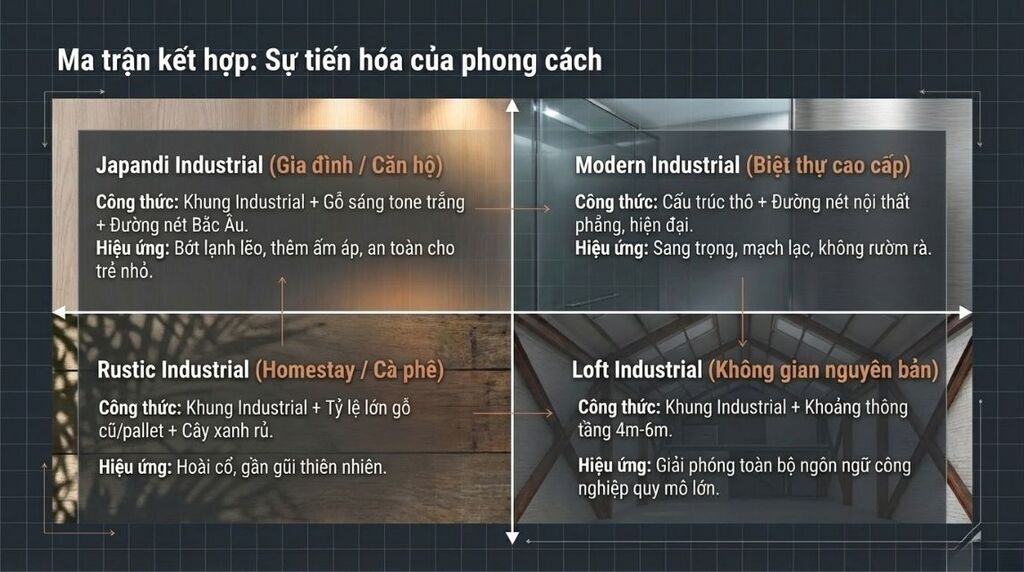 Phong cách Industrial kết hợp với phong cách khác Phong cách Industrial kết hợp với phong cách khác