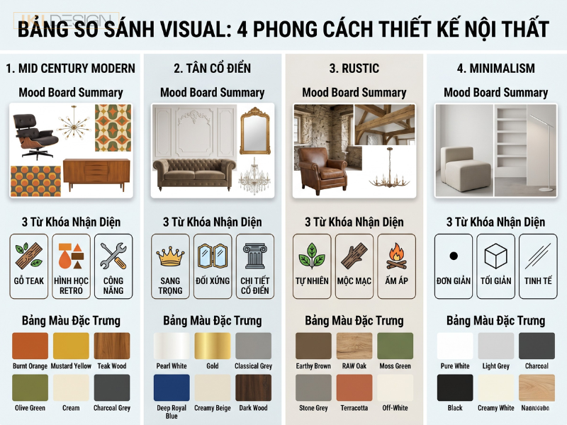 Phong cách Mid Century Modern tập trung vào công năng, lược bỏ chi tiết thừa và sử dụng vật liệu tự nhiên tinh tế
