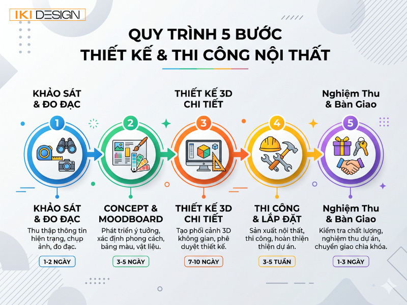 IKI triển khai quy trình 5 bước chuyên nghiệp, giúp gia chủ tối ưu chi phí và đảm bảo chất lượng công trình