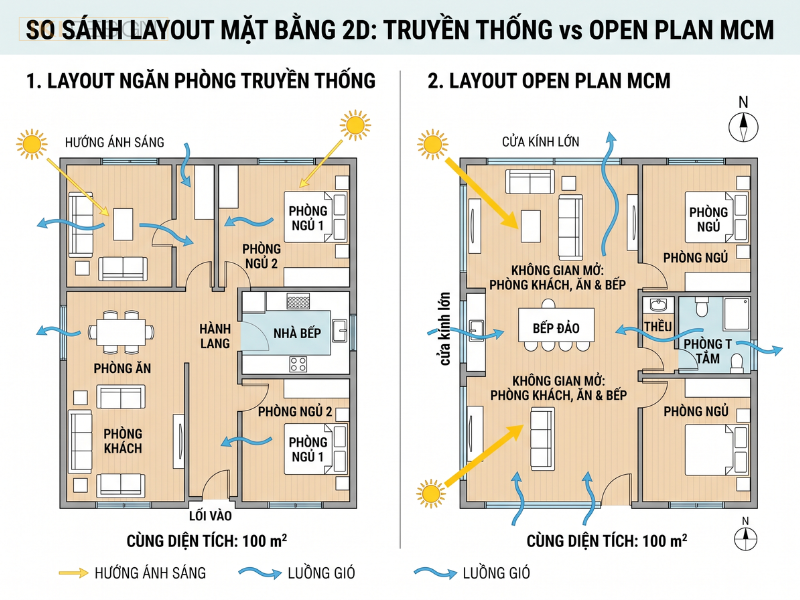 Thiết kế mặt bằng mở MCM loại bỏ vách ngăn, tối ưu ánh sáng và kết nối không gian sống với thiên nhiên