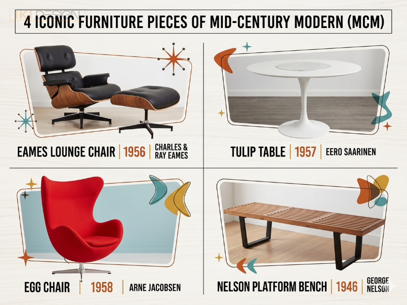 Nội thất biểu tượng như ghế Eames là linh hồn của MCM, mang lại vẻ đẹp đẳng cấp và vượt thời gian cho không gian