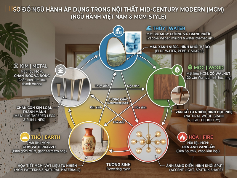 Cân bằng phong thủy MCM bằng cách bổ sung hành Thổ và Thủy, giúp hóa giải sự xung khắc giữa Mộc và Kim