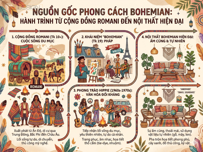 Phong cách Bohemian kết hợp màu sắc rực rỡ và đồ thủ công, tạo nên không gian sống tự do, đậm chất cá nhân
