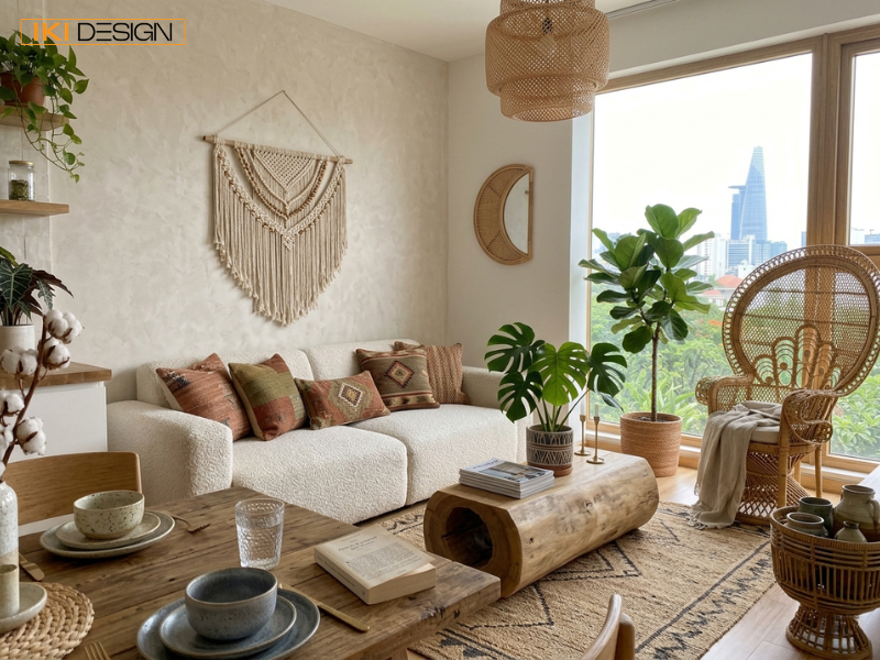 Căn hộ Modern Boho của IKI DESIGN kết hợp macramé và mây tre, tạo nên không gian sống thư thái, bình yên