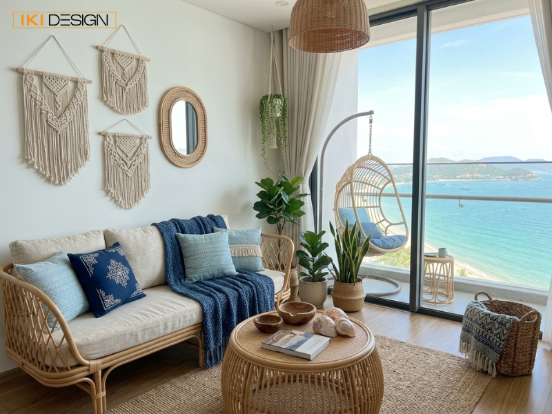 Không gian Classic Boho rực rỡ với sofa nhung xanh, macramé và thảm layering, kiến tạo bởi IKI DESIGN