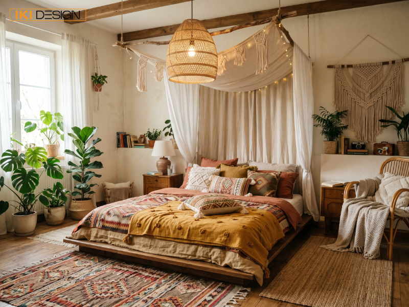 Phòng ngủ Bohemian với giường thấp và layering vải tự nhiên mang lại không gian nghỉ ngơi ấm áp, riêng tư và thư thái