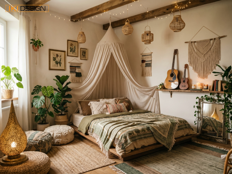 Phòng ngủ Bohemian của IKI DESIGN với giường thấp, canopy và xếp lớp vải tự nhiên, mang lại không gian riêng tư, ấm áp