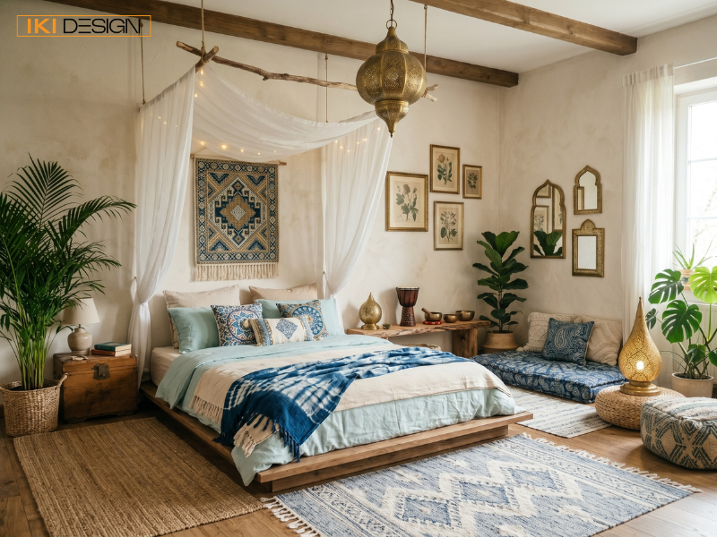Phòng khách Classic Boho ấm cúng với sofa nhung xanh, thảm họa tiết và macramé treo tường của IKI DESIGN